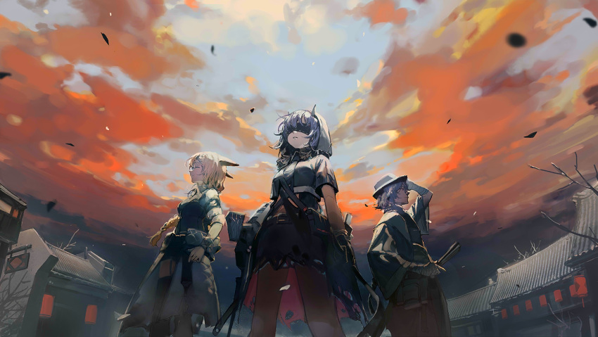 1boy 2girls animal_ears architecture arknights artist_request bare_tree blindfold blonde_hair closed_eyes clouds east_asian_architecture evening hat holding holding_clothes holding_hat hood horns kroos_(arknights) kroos_the_keen_glint_(arknights) lava_(arknights) lava_the_purgatory_(arknights) long_hair looking_up medium_hair miniskirt mr._nothing_(arknights) multiple_girls official_art parted_lips purple_hair red_clouds skirt standing tree