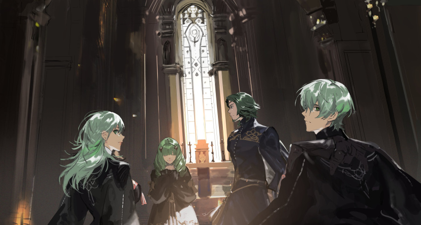 2boys 2girls bangs beard black_cape black_gloves black_robe breasts brother_and_sister byleth_(fire_emblem) byleth_eisner_(female) byleth_eisner_(male) candlestand cape circlet closed_mouth color_connection counter day drill_hair facial_hair facing_viewer fire_emblem fire_emblem:_three_houses flayn_(fire_emblem) frown gloves green_eyes green_hair hair_color_connection hair_ornament hairband hands_up highres indoors long_hair long_sleeves looking_at_viewer looking_away looking_back matoba_(ga6life) mature_male multiple_boys multiple_girls open_mouth profile puffy_long_sleeves puffy_sleeves seteth_(fire_emblem) short_hair siblings sideways_glance smile twin_drills upper_body window