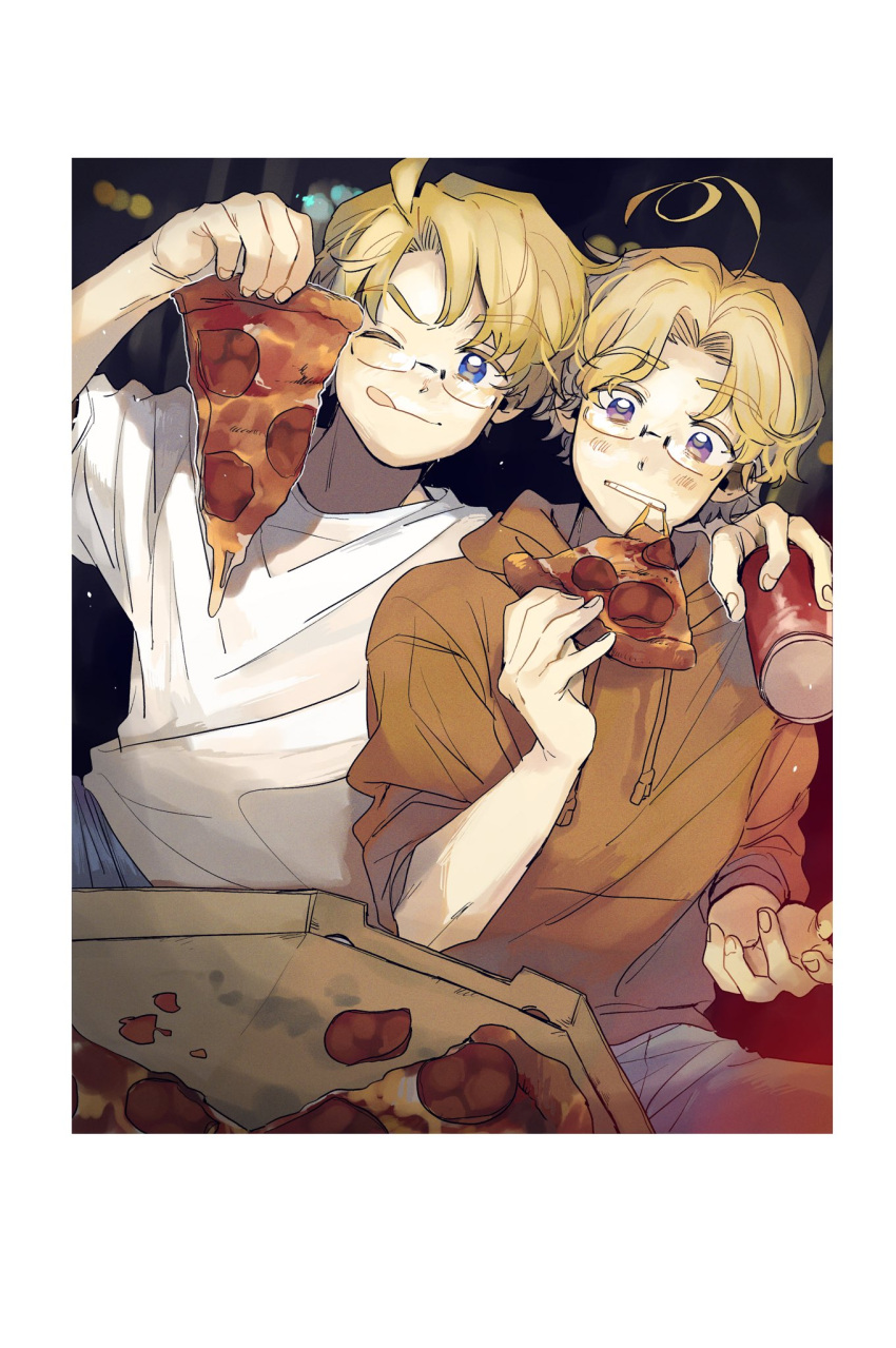 2boys ;d ahoge america_(hetalia) arm_around_shoulder axis_powers_hetalia blonde_hair blue_eyes blurry blurry_background border brothers can canada_(hetalia) cheese_trail eating fingernails food food_in_mouth highres holding holding_food holding_pizza male_focus multiple_boys ninonuko one_eye_closed pepperoni pizza pizza_box pizza_slice siblings smile soda_can violet_eyes white_border