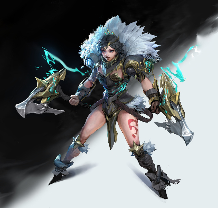 1girl armor asymmetrical_legwear axe bandaged_arm bandages belt black_hair blue_eyes breastplate breasts brown_gloves chinese_commentary circlet dual_wielding full_body fur_trim gauntlets gloves glowing gradient gradient_background highres holding legs_apart looking_at_viewer lower_teeth mole mole_under_eye open_mouth original red_lips rongzhen shadow short_hair short_sleeves shoulder_armor simple_background solo teeth thighs uneven_legwear v-shaped_eyebrows