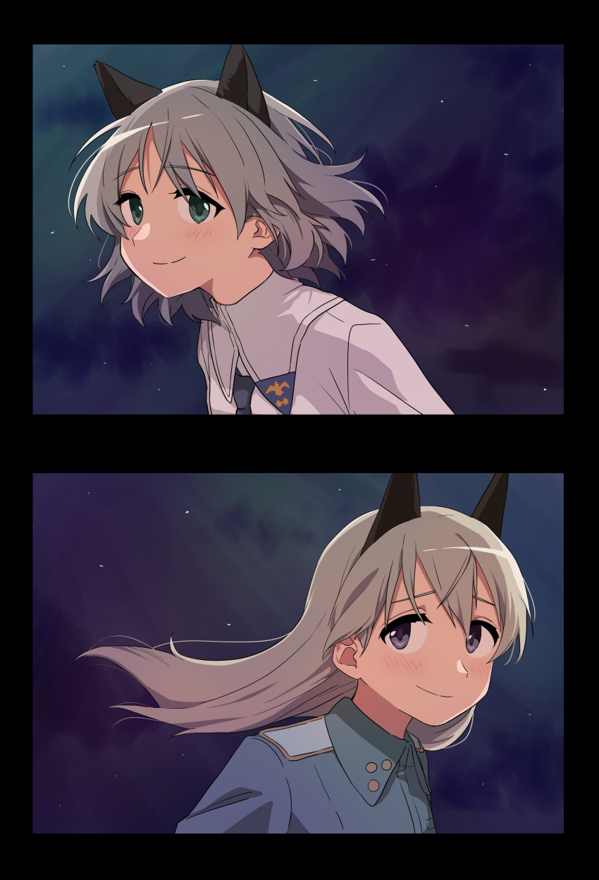 2girls absurdres animal_ears bangs black_necktie blue_eyes blue_jacket cat_ears chil_5678 closed_mouth collared_shirt dog_ears eila_ilmatar_juutilainen green_eyes grey_hair highres jacket long_hair military military_uniform multiple_girls necktie night night_sky protected_link sanya_v._litvyak shirt short_hair sky smile star_(sky) starry_sky strike_witches uniform white_shirt wind world_witches_series