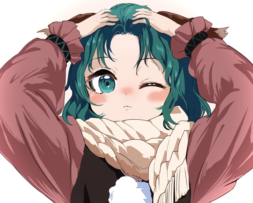 1girl adjusting_hair ameyu_(rapon) arms_up blush green_eyes green_hair highres kasodani_kyouko long_sleeves looking_at_viewer one_eye_closed pom_pom_(clothes) simple_background solo touhou upper_body white_background