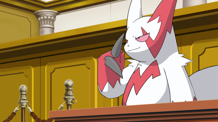 ace_attorney claws column commentary_request furry highres indoors matchstick_39 no_humans pillar pokemon pokemon_(creature) red_eyes rope smile tail thinking white_fur zangoose