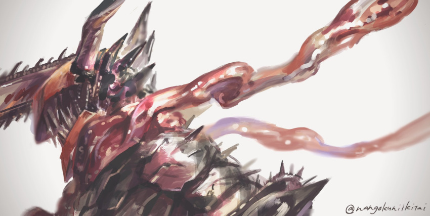 1boy artist_name blood blood_on_weapon chainsaw chainsaw_devil chainsaw_man facing_to_the_side highres horns hybrid nangokuniikitai no_eyes organs scarf sharp_teeth simple_background solo spikes teeth twitter_username weapon white_background
