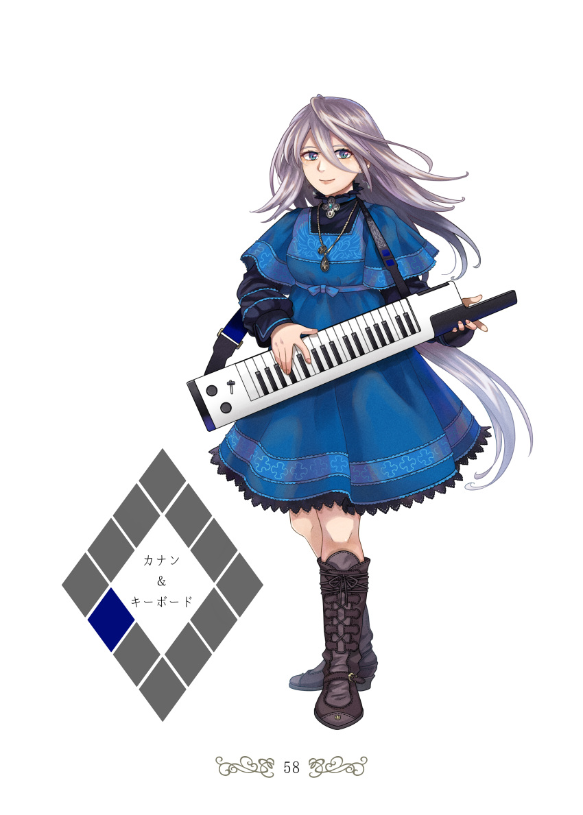 1girl absurdres blue_dress blue_eyes breasts closed_mouth dress elza_(the_last_story) full_body highres instrument jewelry long_hair looking_at_viewer necklace page_number simple_background smile solo the_last_story touyama_sairi white_background white_hair