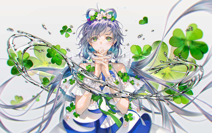 1girl arm_ribbon bare_shoulders blue_dress bow bow-shaped_hair clothing_cutout clover clover_hair_ornament commentary dress dress_bow dress_flower earrings flower four-leaf_clover green_bow green_eyes grey_hair hair_bow hair_flower hair_ornament highres hydrokinesis jewelry long_hair low_twintails luo_tianyi official_art own_hands_clasped own_hands_together ribbon shoulder_cutout symbol-only_commentary teeth tidsean twintails two-tone_dress upper_body very_long_hair vocaloid vsinger water water_drop white_background white_bow white_dress white_flower white_ribbon