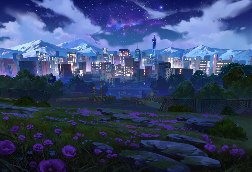 absurdres bridge building city city_lights clouds cloudy_sky fence field flower flower_field grass highres iron_fence kevin_gnutzmans league_of_legends mountain mountainous_horizon nature night night_sky no_humans outdoors road_sign rock scenery sign sky star_(sky) star_(symbol) star_guardian_(league_of_legends) starry_sky tree warning_sign