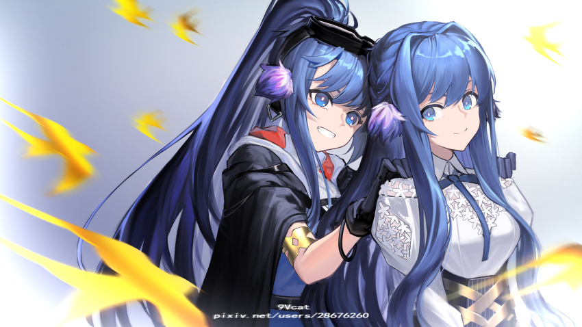 2girls 9_vcat absurdres animal_ear_fluff arknights artist_name astesia_(arknights) astgenne_(arknights) bird black_cape black_gloves blue_eyes blue_hair blue_ribbon blue_shirt blue_skirt bracelet braid bright_pupils cape chinese_commentary closed_mouth collared_shirt commentary eyebrows_hidden_by_hair floral_print gloves goggles goggles_on_head gradient gradient_background grin hair_between_eyes hands_on_another's_shoulders highres jewelry long_hair looking_at_another looking_back multiple_girls pixiv_id ponytail ribbon shirt siblings sidelocks simple_background sisters skirt skirt_set smile teeth very_long_hair white_pupils white_shirt