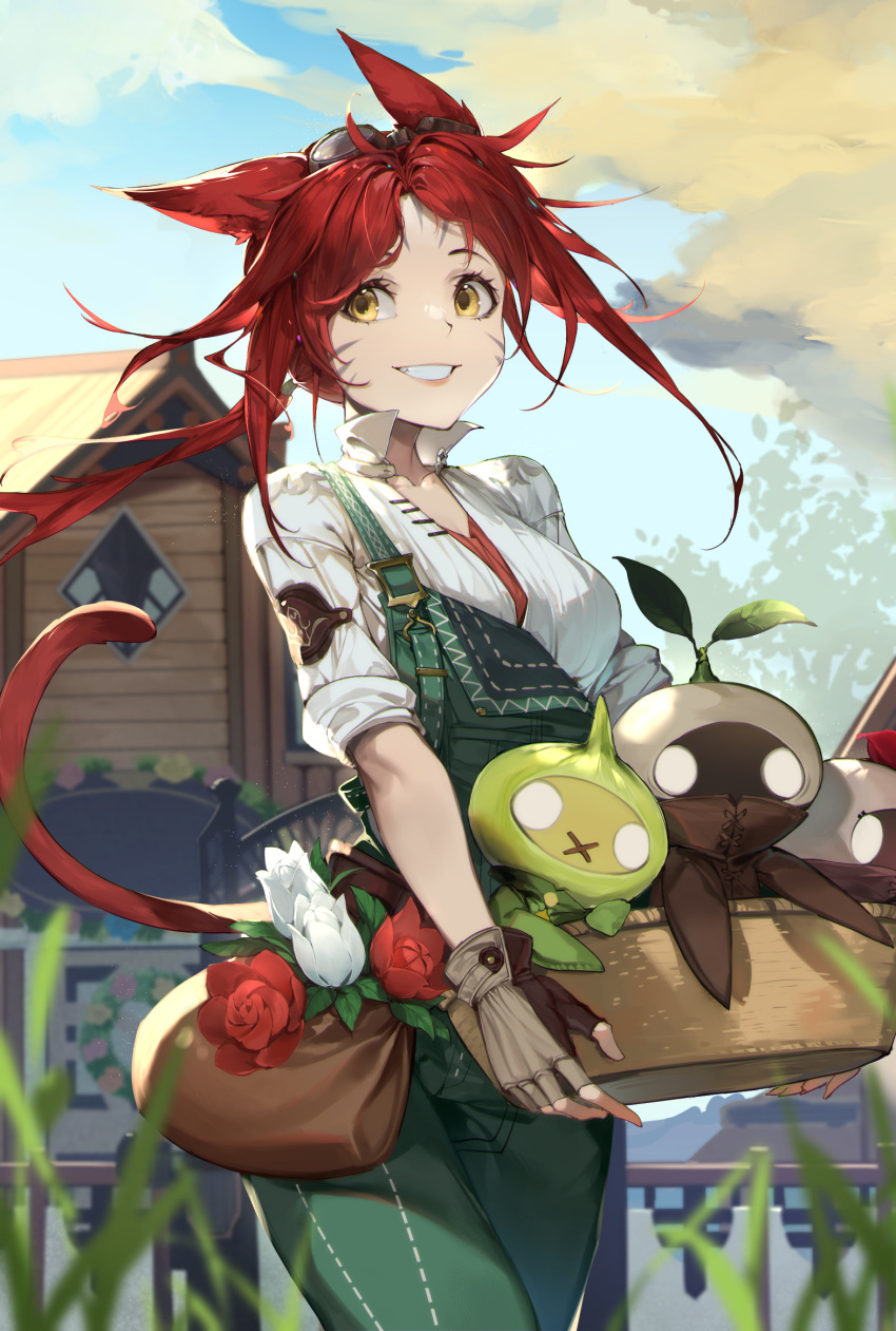 1girl animal_ears avatar_(ff14) bangs basket blue_sky blurry brown_gloves building carrying cat_ears cat_girl cat_tail clouds collarbone collared_shirt commentary cowboy_shot day depth_of_field facial_mark final_fantasy final_fantasy_xiv fingerless_gloves floating_hair flower flower_wreath forehead_mark from_side gloves goggles goggles_on_head grass green_overalls grin highres hiko_(630090143) holding holding_basket looking_back low_ponytail mandragora_(final_fantasy) medium_hair miqo'te outdoors overalls parted_bangs pouch red_flower red_rose redhead rose shirt sky smile solo strap_slip tail tree tulip walking white_flower white_shirt white_tulip yellow_eyes