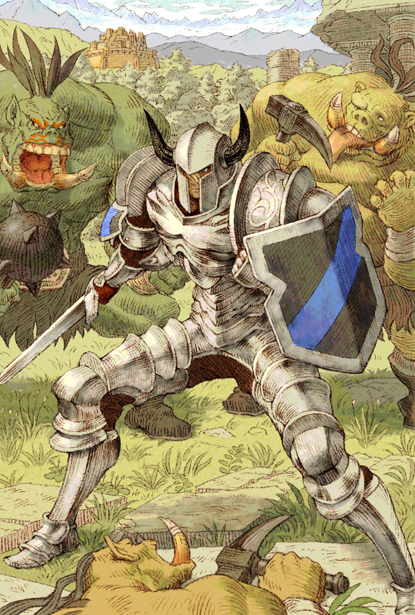 armor bandaged_arm bandages blonde_hair breastplate colored_skin dragon's_crown fake_horns fighter_(dragon's_crown) fighting_stance full_body grass green_skin hair_between_eyes helmet highres holding holding_pickaxe holding_shield holding_sword holding_weapon horned_helmet horns looking_to_the_side lower_teeth mace male_focus metal_boots mountain open_mouth orc outdoors pavement pickaxe plate_armor shield shinichi_kobe shoulder_armor sword teeth tongue tongue_out tree upper_teeth weapon