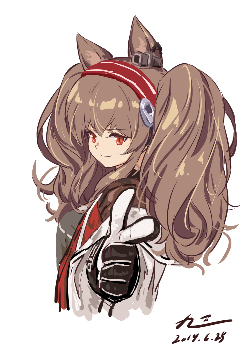 1girl absurdres angelina_(arknights) animal_ears arknights black_gloves brown_hair dated earpiece fox_ears fox_girl gloves grey_shirt hairband highres index_finger_raised jacket jiusan_naitan long_hair looking_at_viewer open_clothes open_jacket pointing pointing_at_viewer red_eyes red_hairband shirt simple_background smile solo striped striped_hairband twintails two-tone_gloves upper_body v-shaped_eyebrows white_background white_gloves white_jacket