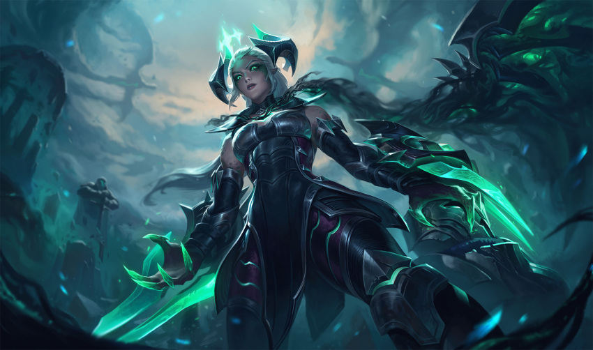 1girl bare_shoulders blurry blurry_background claws clouds crown detached_collar detached_sleeves dragon dragon_girl dragon_horns dragon_tail glint glowing green_eyes highres horns jeremy_anninos knight league_of_legends legs_apart long_hair looking_at_viewer looking_down official_alternate_costume official_art outdoors pointy_ears ruined_shyvana scales shadow shyvana slit_pupils solo standing tail white_hair