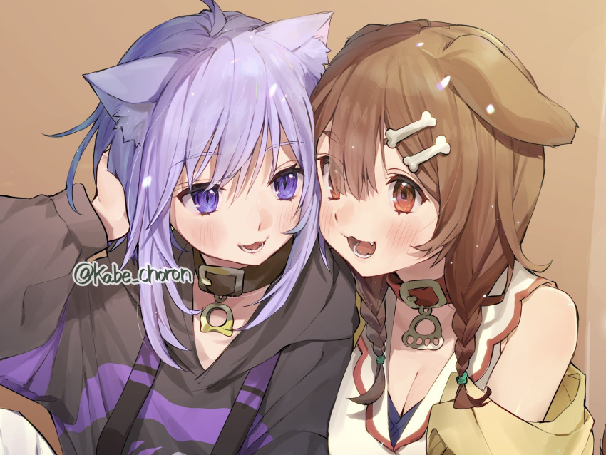 animal_ears bangs bone_hair_ornament brown_background brown_eyes brown_hair cat_ears cat_girl collar dog_ears dog_girl eyes_visible_through_hair hair_ornament hand_up highres hololive hood hood_down hoodie idenshi_hina inugami_korone long_hair looking_at_another nekomata_okayu open_mouth purple_hair sidelocks twitter_username upper_body violet_eyes