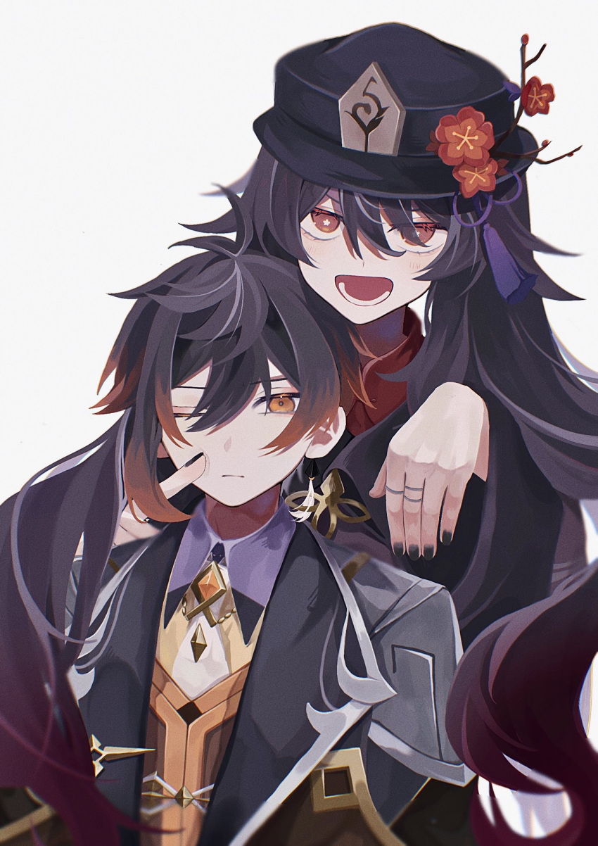 1boy 1girl black_nails brown_hair chinese_clothes flower flower-shaped_pupils genshin_impact hair_between_eyes hat hat_ornament highres hu_tao_(genshin_impact) jewelry long_hair long_sleeves looking_at_viewer one_eye_closed open_mouth plum_blossoms porkpie_hat red_eyes red_shirt ring shirt sidelocks symbol-shaped_pupils white_background yet_saredo zhongli_(genshin_impact)