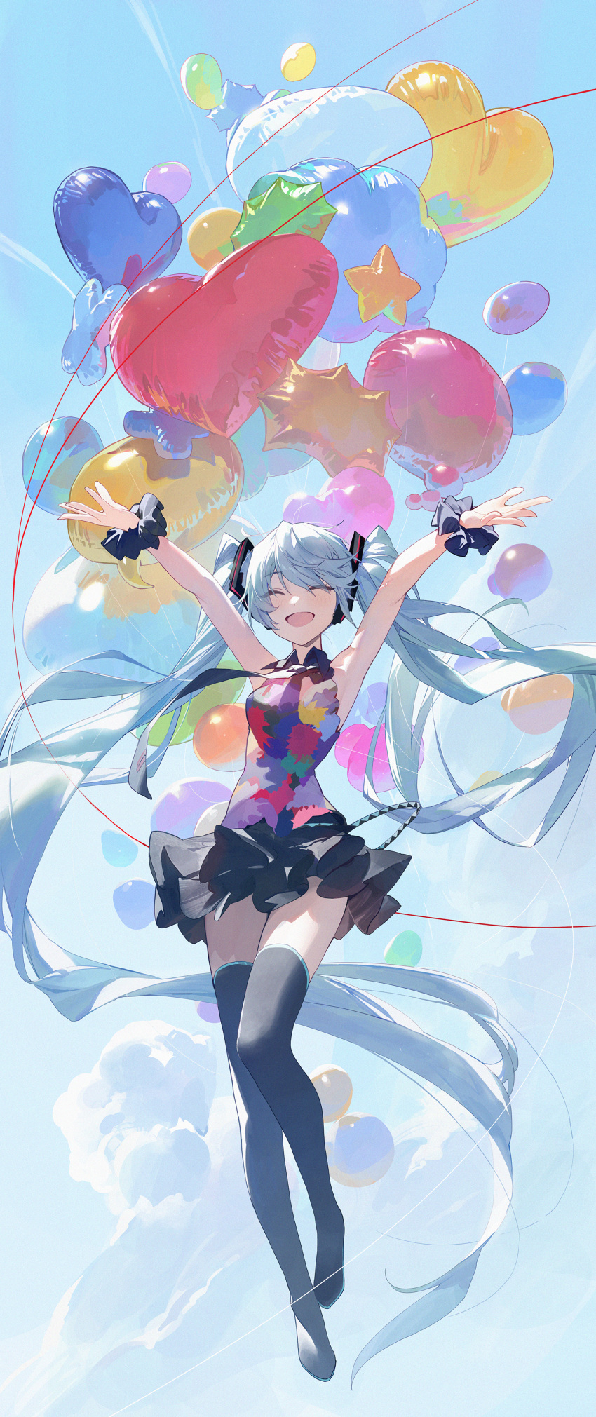 1girl absurdres aqua_hair arms_up balloon bangs black_footwear black_skirt blue_necktie blue_sky boots closed_eyes clouds collared_shirt commentary full_body hatsune_miku highres modare multicolored_shirt necktie open_mouth outstretched_arms scrunchie shirt sidelocks skirt sky sleeveless sleeveless_shirt smile solo standing tell_your_world_(vocaloid) thigh_boots thighs twintails vocaloid wrist_scrunchie zettai_ryouiki