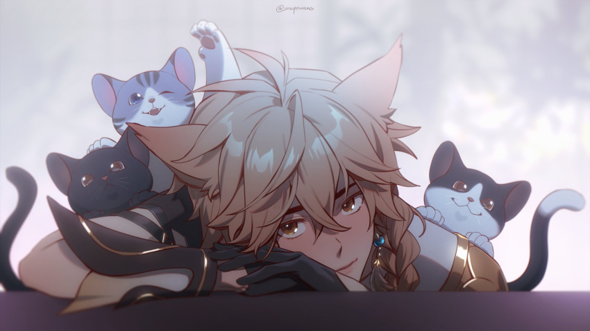 1boy aether_(genshin_impact) animal animal_ears arm_guards arm_pillow bangs beads black_gloves blurry blurry_background braid brown_eyes cat cat_boy cat_ears closed_mouth crossed_bangs e7_(runaway162) earrings eventh7 genshin_impact gloves grey_hair hair_between_eyes head_rest highres jewelry kemonomimi_mode kitten long_hair looking_at_viewer male_focus own_hands_together short_sleeves smile twitter_username