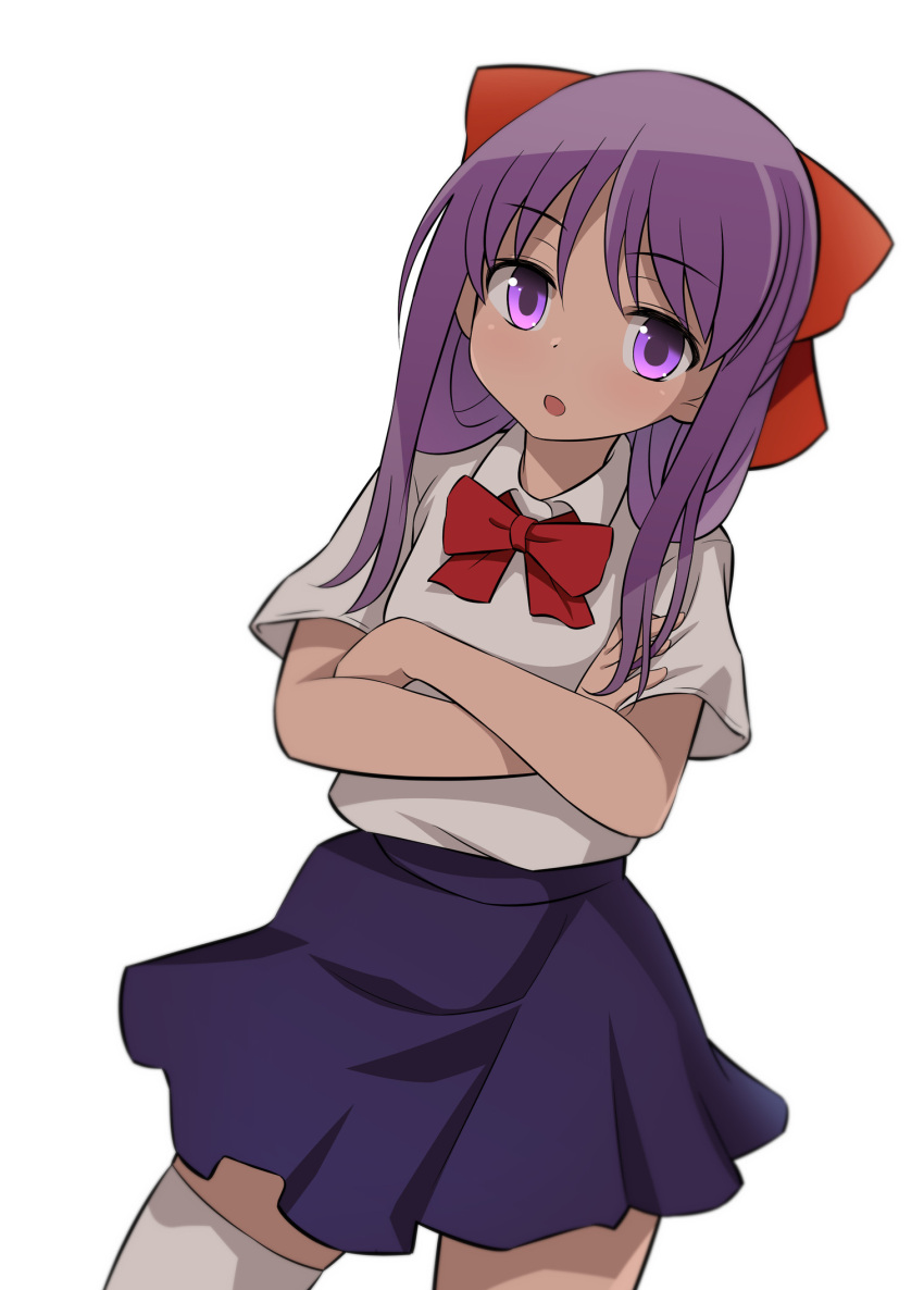 1girl bangs blue_skirt bow bowtie commentary cowboy_shot crossed_arms dress_shirt hair_bow half_updo highres himematsu_school_uniform long_hair looking_at_viewer miniskirt open_mouth pila_(pilayamato) purple_hair red_bow red_bowtie saki school_uniform shirt short_sleeves simple_background skirt solo standing suehara_kyouko thigh-highs violet_eyes white_background white_shirt white_thighhighs wing_collar