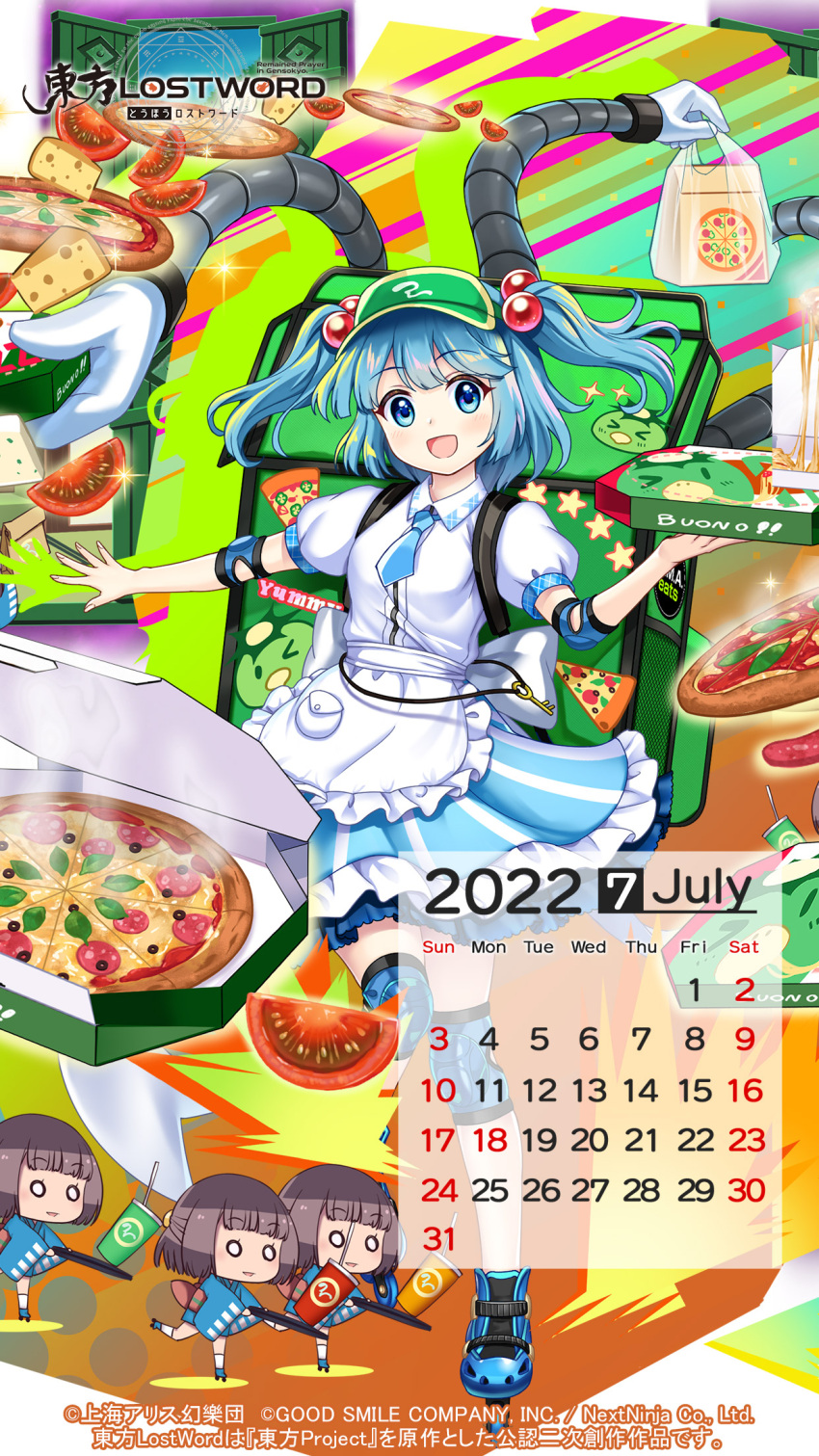 4girls adapted_costume apron backpack bag bangs blue_eyes blue_hair blue_necktie blue_skirt blunt_bangs blunt_ends blush box calendar_(medium) cheese collared_shirt copyright_name cup drinking_straw elbow_pads food frilled_apron frilled_skirt frills green_bag green_headwear highres holding holding_box holding_tray inline_skates kawashiro_nitori key knee_pads looking_at_viewer mechanical_arms multiple_girls necktie official_art open_mouth pizza pizza_box pizza_delivery pizza_slice plastic_bag pocket puffy_short_sleeves puffy_sleeves roller_skates shirt short_hair short_necktie short_sleeves skates skirt smile striped striped_skirt tomato_slice touhou touhou_lost_word tray two_side_up visor_cap white_shirt