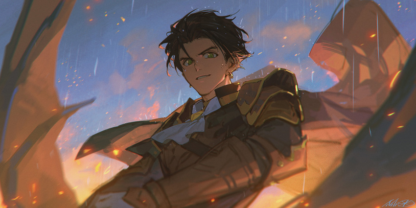 1boy alzi_xiaomi armor ascot brown_hair cape claude_von_riegan earrings embers fire_emblem fire_emblem:_three_houses fire_emblem_warriors:_three_hopes gloves green_eyes highres jewelry looking_at_viewer male_focus pauldrons short_hair shoulder_armor smile solo upper_body v-shaped_eyebrows vambraces white_gloves
