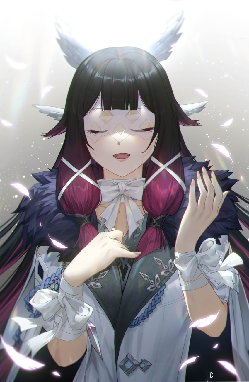 1girl absurdres bandaged_wrist bandages black_hair bow bowtie closed_eyes coat columbina_(genshin_impact) eye_mask feathers fur-trimmed_coat fur_trim genshin_impact hair_over_shoulder hands_up head_wings highres linreplica long_hair multicolored_hair open_mouth redhead smile solo two-tone_hair white_bow white_bowtie white_coat white_mask wing_hair_ornament