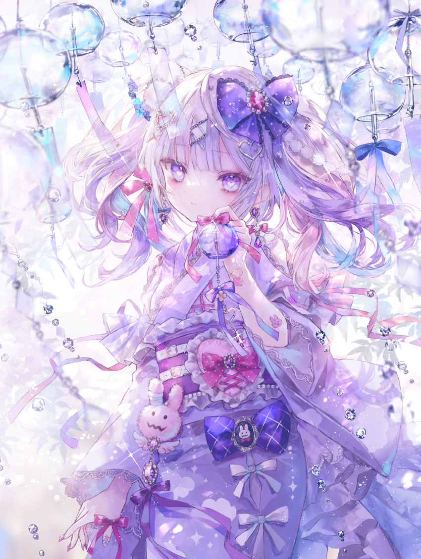 1girl blue_eyes bow closed_mouth grey_hair hair_bow hair_ornament hairclip hand_up heart heart-shaped_pupils heart_hair_ornament highres holding japanese_clothes kimono long_hair long_sleeves looking_at_viewer obi onineko original purple_bow purple_kimono sash smile solo symbol-shaped_pupils twintails wide_sleeves wind_chime x_hair_ornament