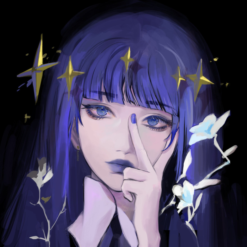 1other bangs black_background blue_eyes blunt_bangs closed_mouth commentary flower gahuoniao hand_on_own_face highres houseki_no_kuni lapis_lazuli_(houseki_no_kuni) long_hair looking_at_viewer other_focus purple_hair purple_lips purple_nails simple_background solo star_(symbol) white_flower