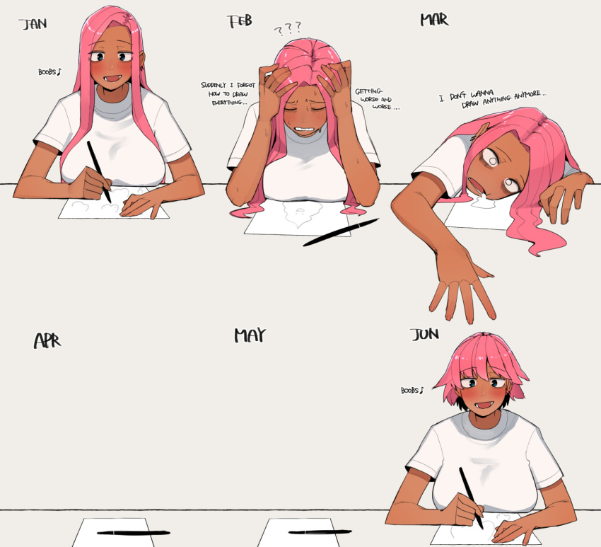 1girl ? ?? @_@ bags_under_eyes blue_eyes blush breasts calendar_(medium) dark-skinned_female dark_skin drawing drooling empty_eyes highres long_hair ohasi original pen pink_(ohasi) pink_hair shirt short_hair simple_background sweat