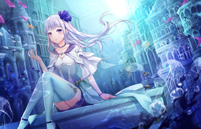 1girl bangs blue_choker blue_eyes blue_footwear blue_theme bracelet building capelet choker commentary_request dress fish floating_hair hand_up jellyfish jewelry long_hair original short_sleeves sitting solo thigh-highs tsumugi_8345 white_capelet white_dress white_hair white_thighhighs wide_sleeves
