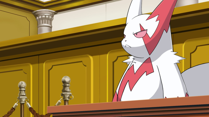 ace_attorney column commentary_request frown furry highres indoors matchstick_39 no_humans pillar pokemon pokemon_(creature) red_eyes rope zangoose