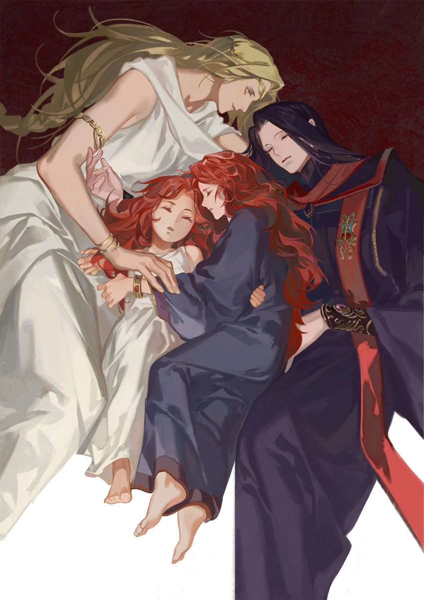 4girls agong black_hair blonde_hair bracer child elden_ring highres lunar_princess_ranni lying malenia_blade_of_miquella multiple_girls on_back on_side queen_marika_the_eternal ranni_the_witch redhead rennala_queen_of_the_full_moon sleeping tiara yuri