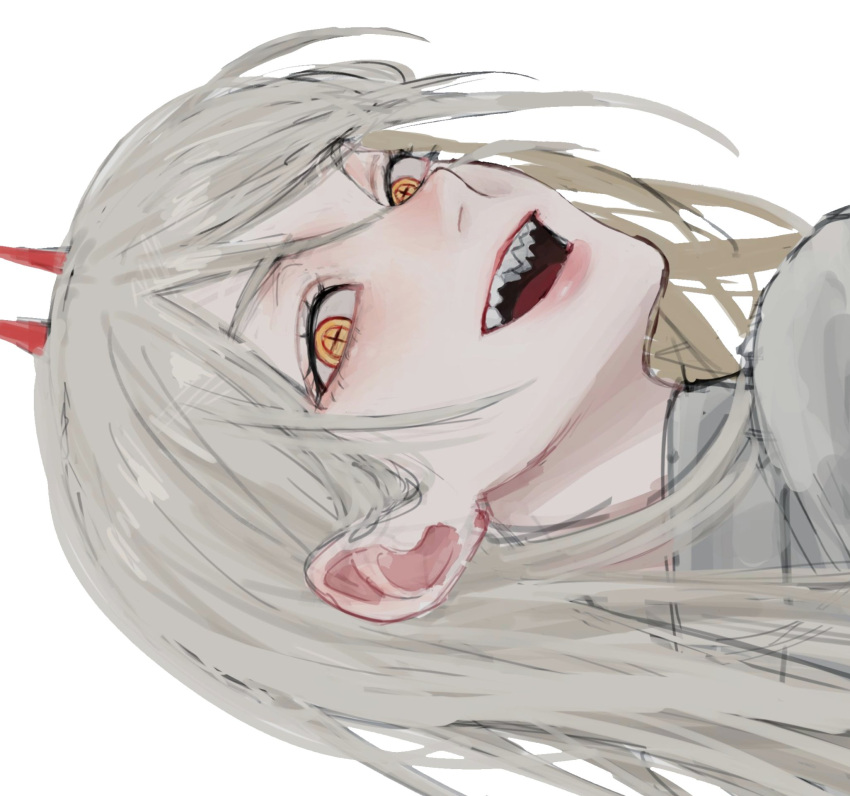 1girl back blush cat_helper chainsaw_man close-up eyelashes grey_background grey_hair highres horns light_blush long_hair looking_at_viewer looking_back open_mouth pink_lips power_(chainsaw_man) red_horns red_pupils sharp_teeth simple_background sketch solo symbol-shaped_pupils teeth tongue upper_body upper_teeth yellow_eyes