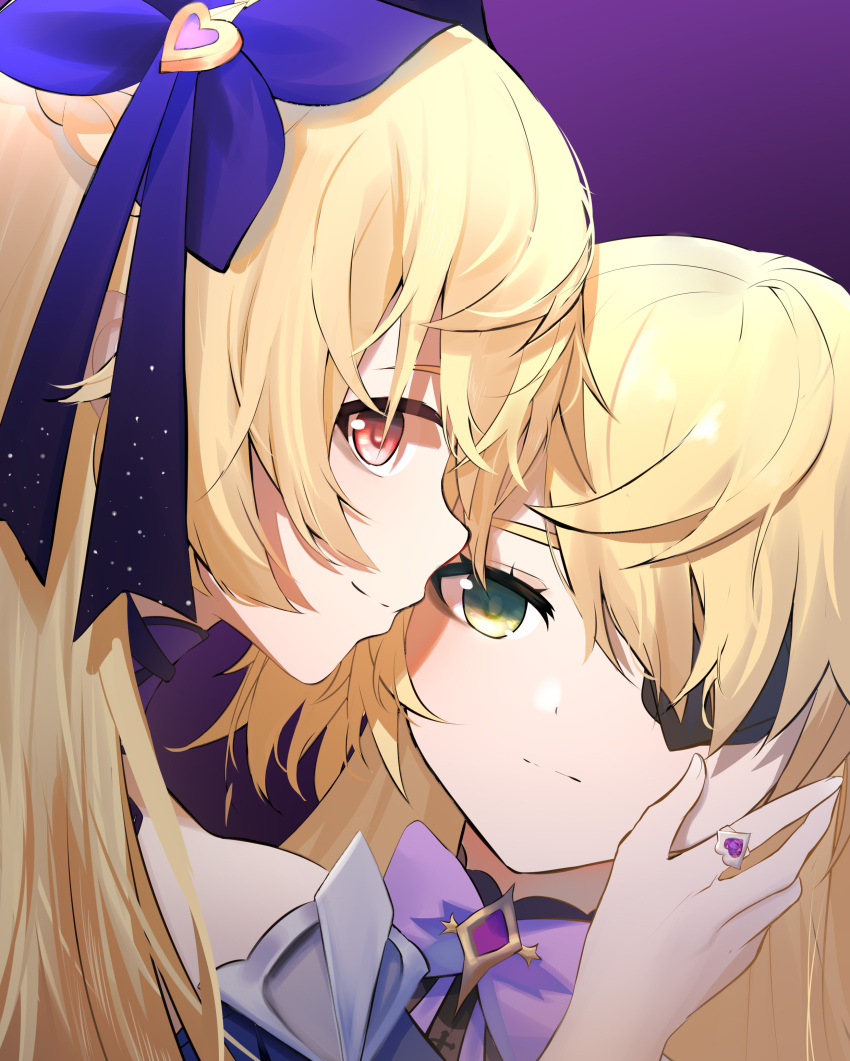 2girls absurdres bangs blonde_hair close-up commentary_request detached_sleeves dual_persona eyepatch fischl_(ein_immernachtstraum)_(genshin_impact) fischl_(genshin_impact) frown genshin_impact green_eyes hair_ornament hair_over_one_eye hair_ribbon hand_on_another's_cheek hand_on_another's_face highres jewelry long_hair long_sleeves looking_at_another looking_at_viewer multiple_girls official_alternate_costume orange_eyes qixia ribbon ring sidelocks smile two_side_up