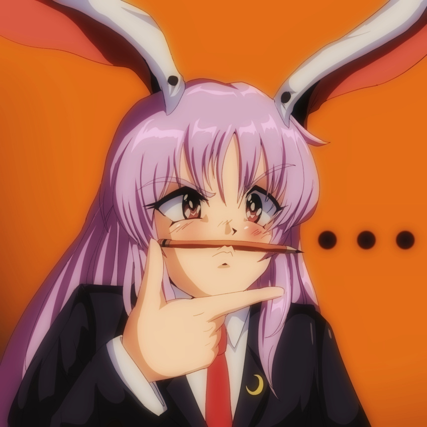 ... 1girl animal_ears black_jacket blazer blouse collared_shirt hand_on_own_face highres jacket light_purple_hair lips long_hair necktie orange_background pencil purple_hair rabbit_ears rabbit_girl red_eyes red_necktie reisen_udongein_inaba shirt simple_background solo step_arts thinking touhou very_long_hair white_shirt