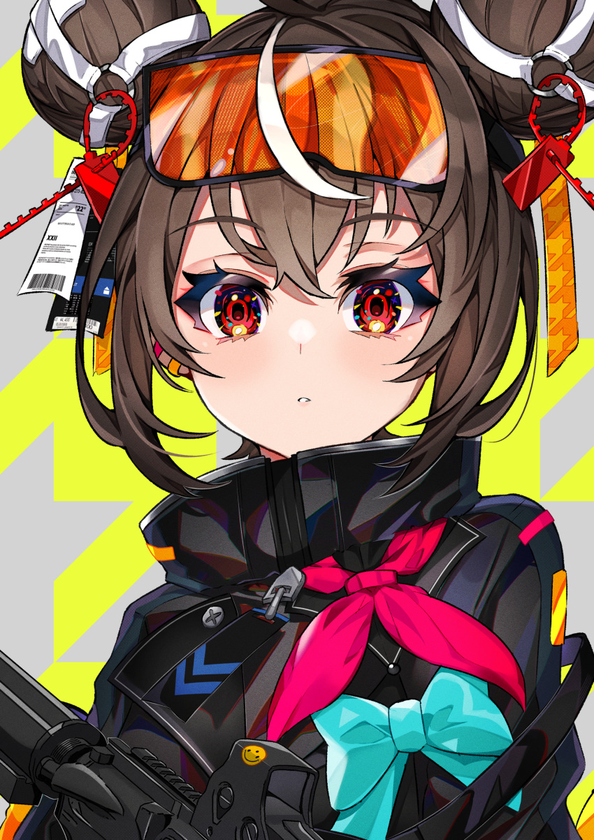 1girl absurdres bangs black_jacket blue_bow blush bow brown_hair double_bun eyelashes goggles goggles_on_head grey_background gun hair_bun high_collar highres jacket looking_at_viewer multicolored_hair neckerchief original parted_lips pupy_exe red_eyes red_neckerchief short_hair solo streaked_hair two-tone_background two-tone_hair upper_body weapon white_hair yellow_background