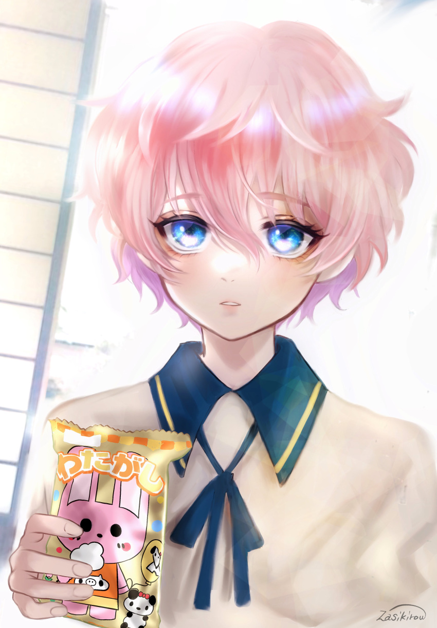 1boy absurdres akita_toushirou blue_eyes food food_wrapper highres holding holding_food looking_at_viewer male_child male_focus open_mouth parted_lips pink_hair short_hair solo teeth touken_ranbu translation_request white_background zasikirou