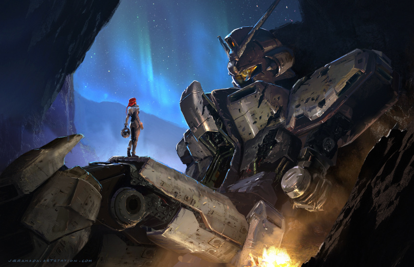 1girl absurdres aurora boots cave concept_art damaged dirty english_commentary fire future gloves gundam headwear_removed helmet helmet_removed highres jgranada machinery mecha mobile_suit original photoshop_(medium) pilot pilot_suit ponytail realistic redhead robot science_fiction signature wreckage