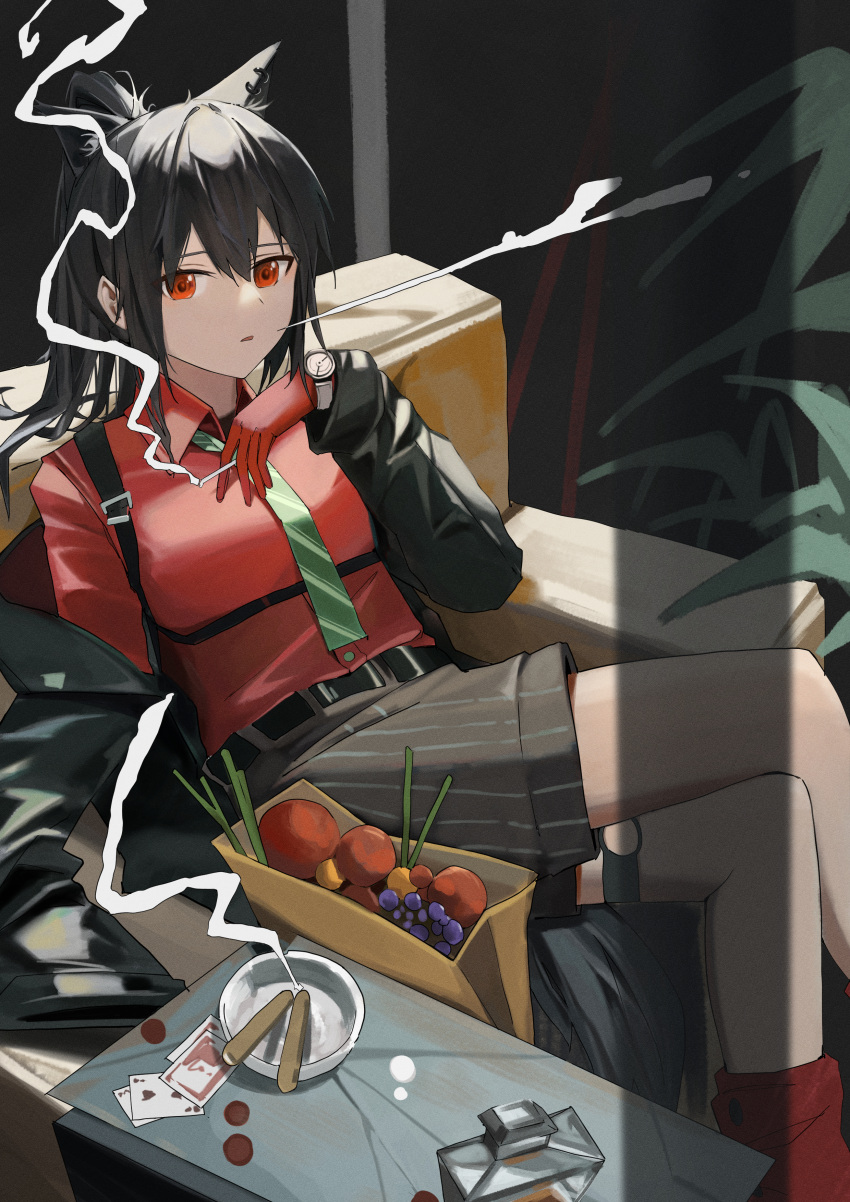 1girl absurdres alcohol animal_ear_fluff animal_ears arknights ashtray bag belt black_belt black_hair black_jacket blowing_smoke bottle card cigarette ciloranko collared_shirt commentary extra_ears feet_out_of_frame food fruit gloves grapes green_necktie grey_skirt hair_between_eyes highres holding holding_cigarette indoors jacket leaf long_sleeves looking_at_viewer necktie off_shoulder official_alternate_costume open_clothes open_jacket parted_lips playing_card ponytail red_eyes red_footwear red_gloves red_shirt shirt shopping_bag sitting skirt smoke smoking solo spring_onion striped striped_necktie striped_skirt texas_(arknights) texas_(willpower)_(arknights) vegetable vertical-striped_skirt vertical_stripes watch watch wolf_ears