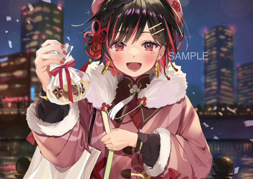 1girl absurdres blurry blurry_background brown_hair earrings flower_knot fur_trim hair_ornament hand_up highres idenshi_hina indie_virtual_youtuber jewelry looking_at_viewer mole mole_under_eye multicolored_hair open_mouth red_eyes redhead sample_watermark short_hair solo streaked_hair sunohara_ume upper_body virtual_youtuber
