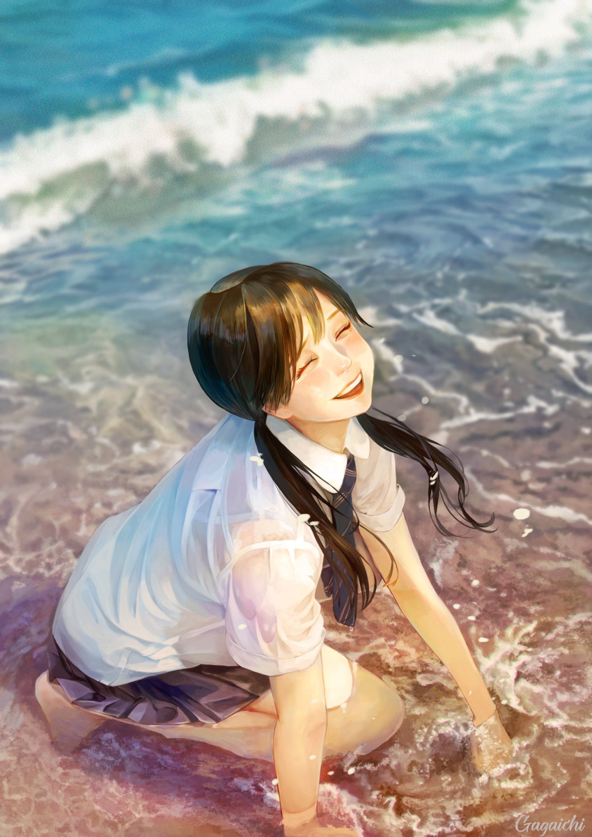 1girl :d artist_name bangs barefoot black_skirt blue_necktie closed_eyes commentary_request diagonal-striped_necktie gagaichi highres kneeling long_hair low_twintails marine_day necktie ocean original outdoors pleated_skirt school_uniform short_sleeves skirt smile solo striped_necktie swept_bangs twintails wading waves wet wet_clothes