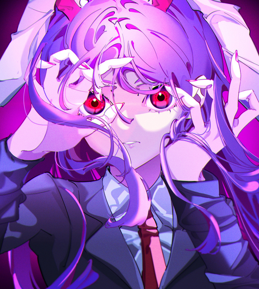 1girl absurdres animal_ears blazer collared_shirt commentary floppy_ears hands_up highres holding holding_hair jacket long_hair long_sleeves looking_at_viewer mizoreshi nail_polish necktie parted_lips pink_nails purple_hair rabbit_ears rabbit_girl red_eyes red_necktie reisen_udongein_inaba shirt solo touhou upper_body white_shirt