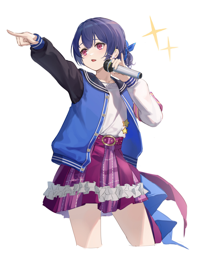 1girl absurdres bangs belt blue_hair blue_jacket cropped_legs hair_bun hand_up highres holding holding_microphone idolmaster idolmaster_shiny_colors jacket long_sleeves looking_afar microphone morino_rinze open_clothes open_jacket open_mouth outstretched_arm pinky_out pointing purple_shirt purple_skirt shirt shirt_tucked_in short_hair simple_background skirt solo sparkle white_background white_shirt xiu_kukkii