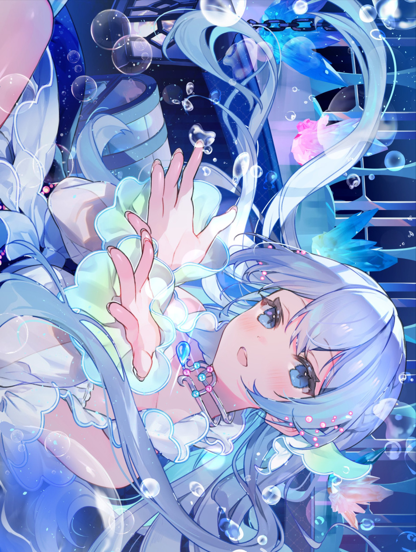 1girl absurdres air_bubble bangs blue_eyes blue_hair blush box bubble collarbone cona_kinaco frilled_sleeves frills hair_ornament highres long_hair looking_at_viewer open_hands original solo