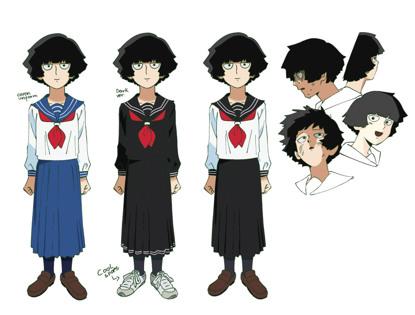 1girl :d :o battle_damage black_eyes black_hair black_sailor_collar blue_sailor_collar ch0og0o genderswap genderswap_(mtf) happy highres kageyama_shigeo long_skirt mob_psycho_100 multiple_views open_mouth reference_sheet sailor_collar scared school_uniform serafuku shoes skirt smile sweat sweating_profusely