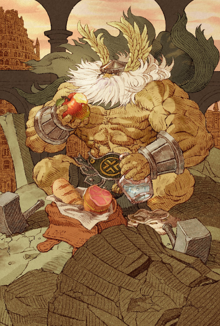 1boy apple architecture bag beard belt bottle bracer broken_statue cape dragon's_crown dwarf_(dragon's_crown) eating facial_hair food fruit full_body glass_bottle green_cape hammer helmet highres holding holding_bottle holding_food holding_fruit leaf loaf_of_bread male_focus meat muscular muscular_male pillar ruins shinichi_kobe sitting solo statue topless_male tower white_hair winged_helmet