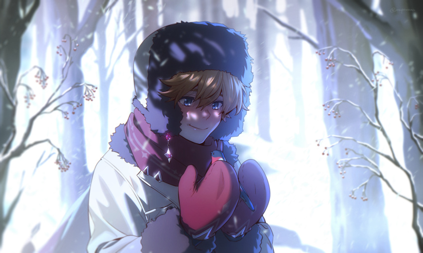 1boy animal bangs bird blue_eyes blush brown_hair closed_mouth coat commentary dappled_sunlight e7_(runaway162) english_commentary forest fur-trimmed_coat fur-trimmed_sleeves fur_hat fur_trim gem genshin_impact hair_between_eyes hands_up happy hat highres jewelry long_sleeves looking_at_animal looking_away male_focus mittens motion_blur nature nose_blush red_scarf scarf short_hair smile snowing sunlight tartaglia_(genshin_impact) tree upper_body wind