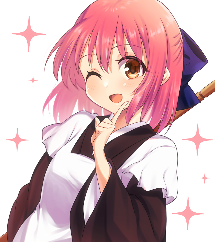 1girl ;d bangs blue_bow bow broom brown_eyes hair_bow highres index_finger_raised itsuka_neru kohaku_(tsukihime) looking_at_viewer maid one_eye_closed open_mouth pink_hair short_hair simple_background smile solo star_(symbol) tsukihime upper_body white_background