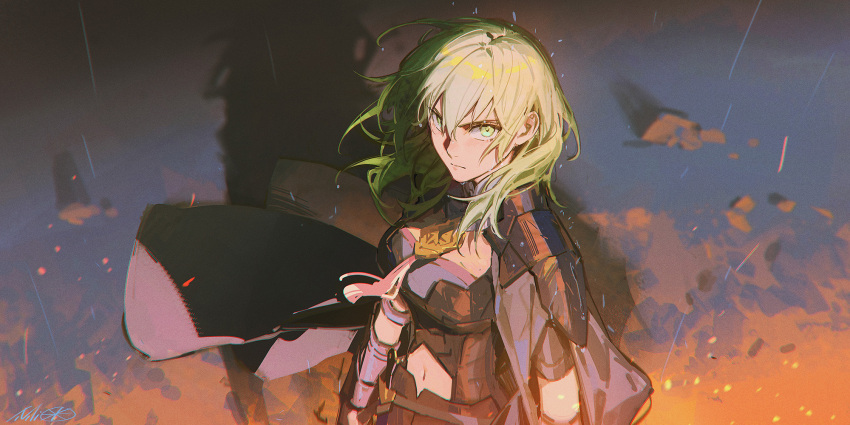 1girl alzi_xiaomi armor bangs black_cape bracer byleth_(fire_emblem) byleth_eisner_(female) cape closed_mouth cowboy_shot enlightened_byleth_(female) fire_emblem fire_emblem:_three_houses frown green_eyes green_hair hair_between_eyes highres long_hair looking_at_viewer navel outdoors shoulder_armor solo standing v-shaped_eyebrows