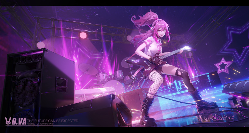 1girl absurdres alternate_costume alternate_hairstyle animal_print artist_name asymmetrical_legwear belt belt_buckle black_shorts black_thighhighs boots bracelet brown_hair buckle bunny_print cable casual character_name choker clear_water combat_boots commentary_request cross-laced_footwear cymbals d.va_(overwatch) drum electric_guitar emblem facial_mark fishnet_legwear fishnets full_body gleam glint guitar headphones highres hologram insignia instrument jewelry keyboard_(instrument) lace-up_boots letterboxed long_hair looking_at_viewer mismatched_legwear music necklace neon_lights open_mouth overwatch pendant pink_hair playing_instrument ponytail rock_band shirt short_shorts short_sleeves shorts signature single_thighhigh smile solo sparks speaker spiked_bracelet spiked_choker spikes stage stage_lights star-shaped_pupils star_(symbol) symbol-shaped_pupils t-shirt thigh-highs thigh_belt thigh_strap torn_clothes torn_shorts whisker_markings white_shirt