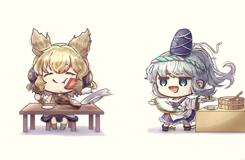 2girls blue_eyes blue_skirt chair chibi chopsticks closed_eyes earmuffs empty_eyes food food_on_face footwear_ribbon frilled_skirt frills glass grey_hair hachimaki hair_between_eyes hat hat_ribbon headband highres holding holding_chopsticks jitome layered_clothes layered_sleeves light_brown_hair medium_hair mononobe_no_futo multiple_girls neck_ribbon plate pointy_hair ponytail ribbon ribbon-trimmed_sleeves ribbon_trim rice sitting skirt smile sunamogu sushi table tate_eboshi throwing touhou toyosatomimi_no_miko white_background