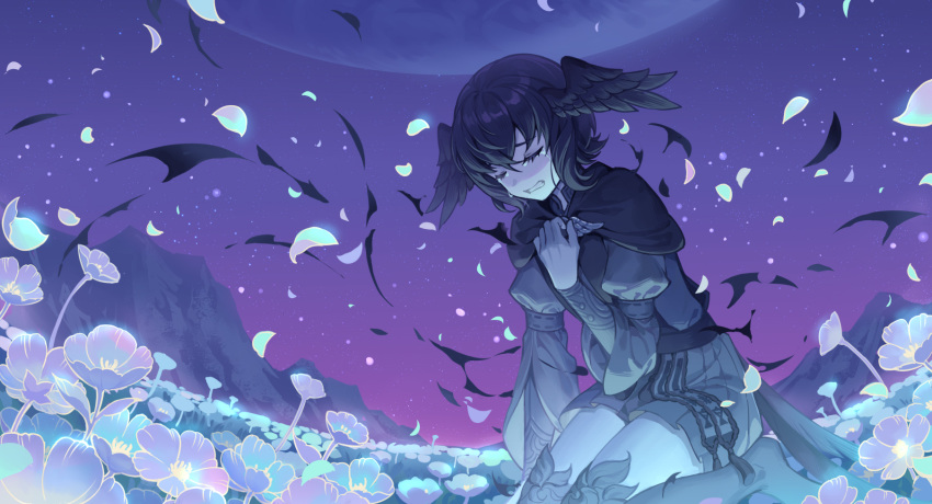 1girl aquarius_(artist) bangs bird_girl bird_legs bird_tail bird_wings black_capelet black_hair brooch capelet clenched_teeth closed_eyes clutching_chest crying dress falling_petals feathered_wings field final_fantasy final_fantasy_xiv flower flower_field from_side gradient_sky grey_dress hand_on_own_chest hand_up head_wings highres jewelry long_sleeves meteion mountain outdoors petals planet purple_flower purple_sky sash seiza short_hair sitting sky solo space spoilers star_(sky) starry_sky tail tears teeth wings
